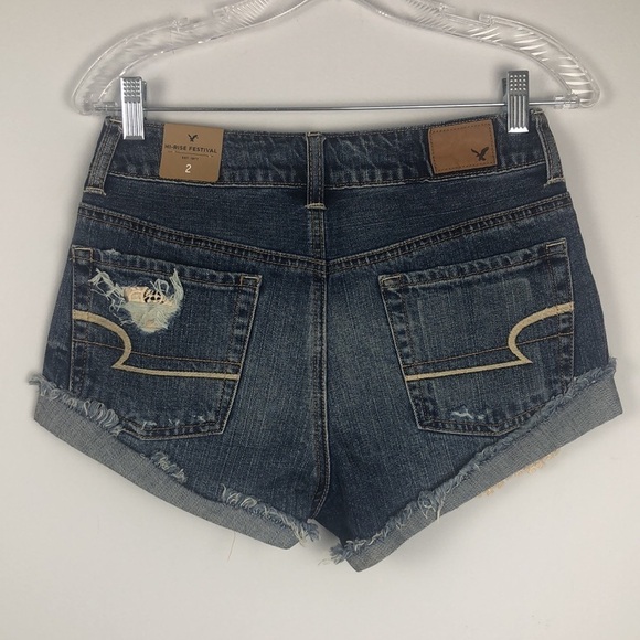 NEW AEO Distressed High Rise Embroidered Festival 100% Cotton Size 2 Jean Shorts - Picture 9 of 16